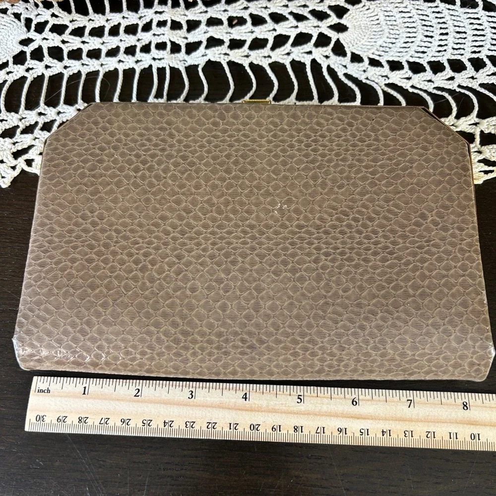 Vintage Faux Snakeskin‎ Box Clutch Bag Taupe Brown Gold Tone Evening Purse